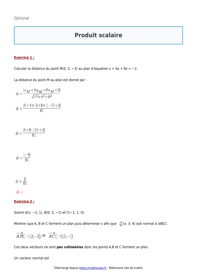 Exercices corrigés de maths en terminale : Produit scalaire à imprimer en PDF