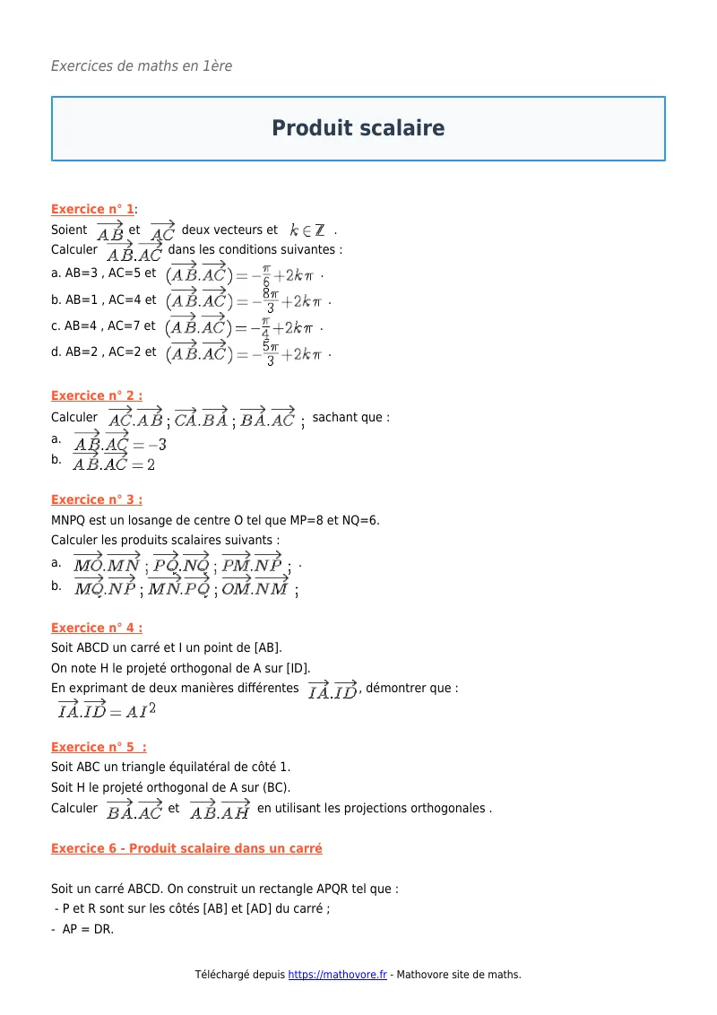 Exercices corrigés de maths en première : Produit scalaire à imprimer en PDF
