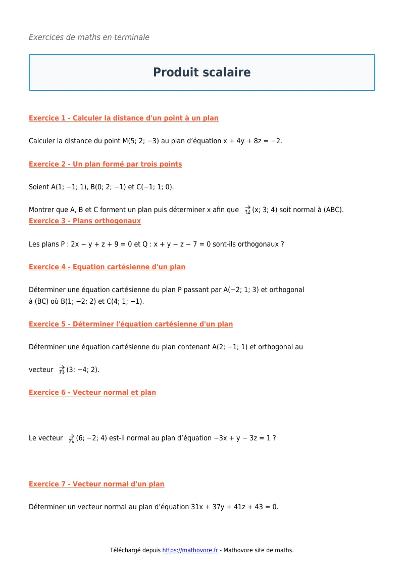 Exercices corrigés de maths en terminale : Produit scalaire à imprimer en PDF