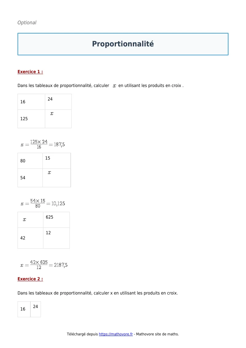 Exercices corrigés de maths en 4ème : Proportionnalité à imprimer en PDF