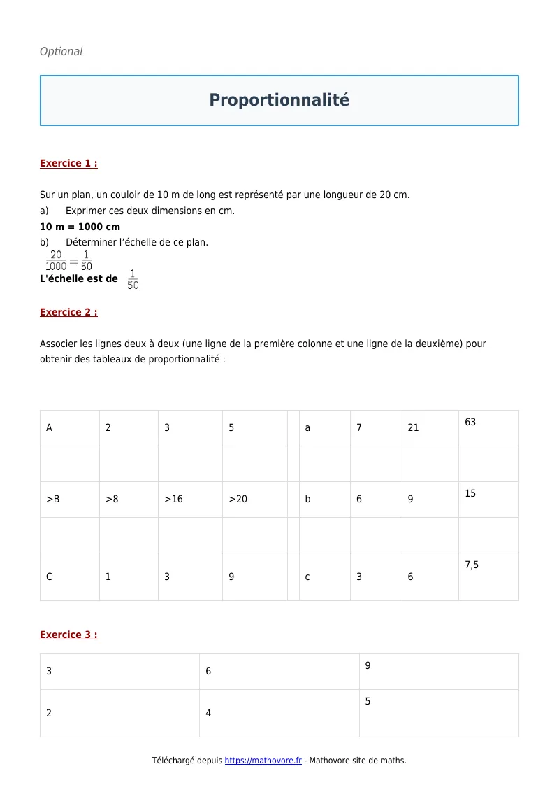 Exercices corrigés de maths en 5ème : Proportionnalité à imprimer en PDF