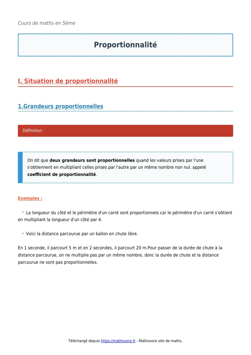 Cours de maths en 5ème : Proportionnalité à télécharger en PDF