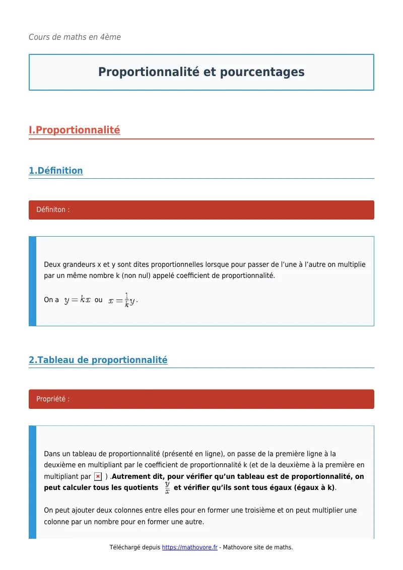 Cours de maths en 4ème : Proportionnalité et pourcentages à télécharger en PDF