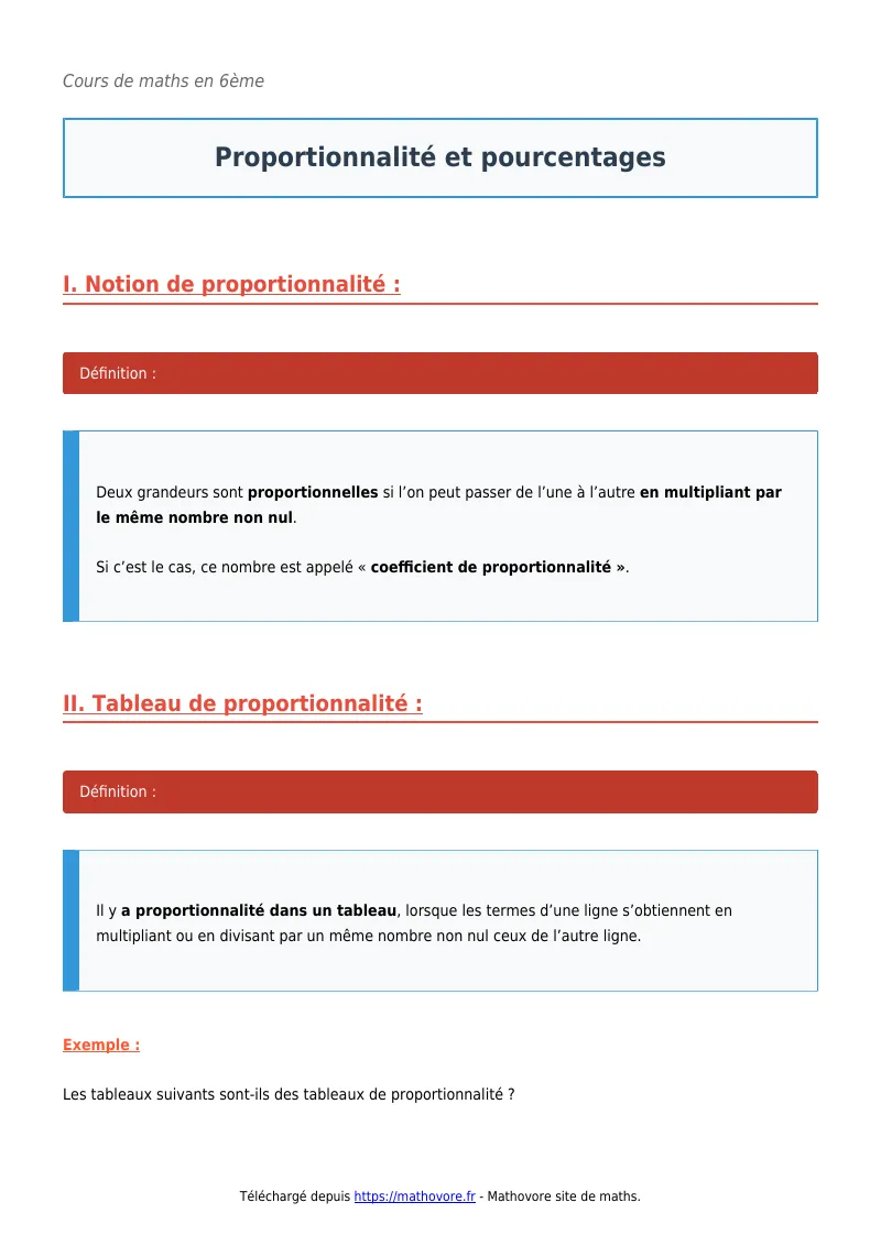 Cours de maths en 6ème : Proportionnalité et pourcentages à télécharger en PDF