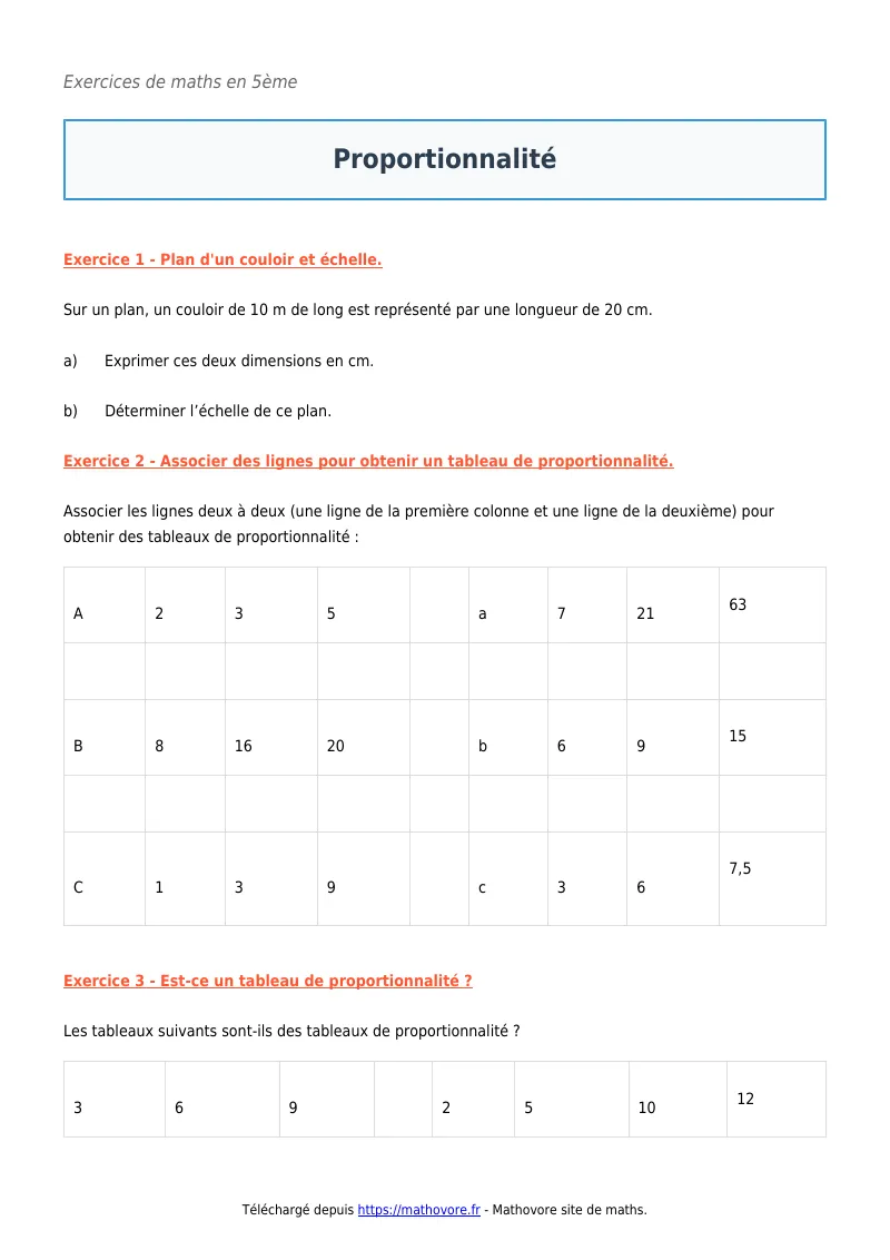 Exercices corrigés de maths en 5ème : Proportionnalité à imprimer en PDF