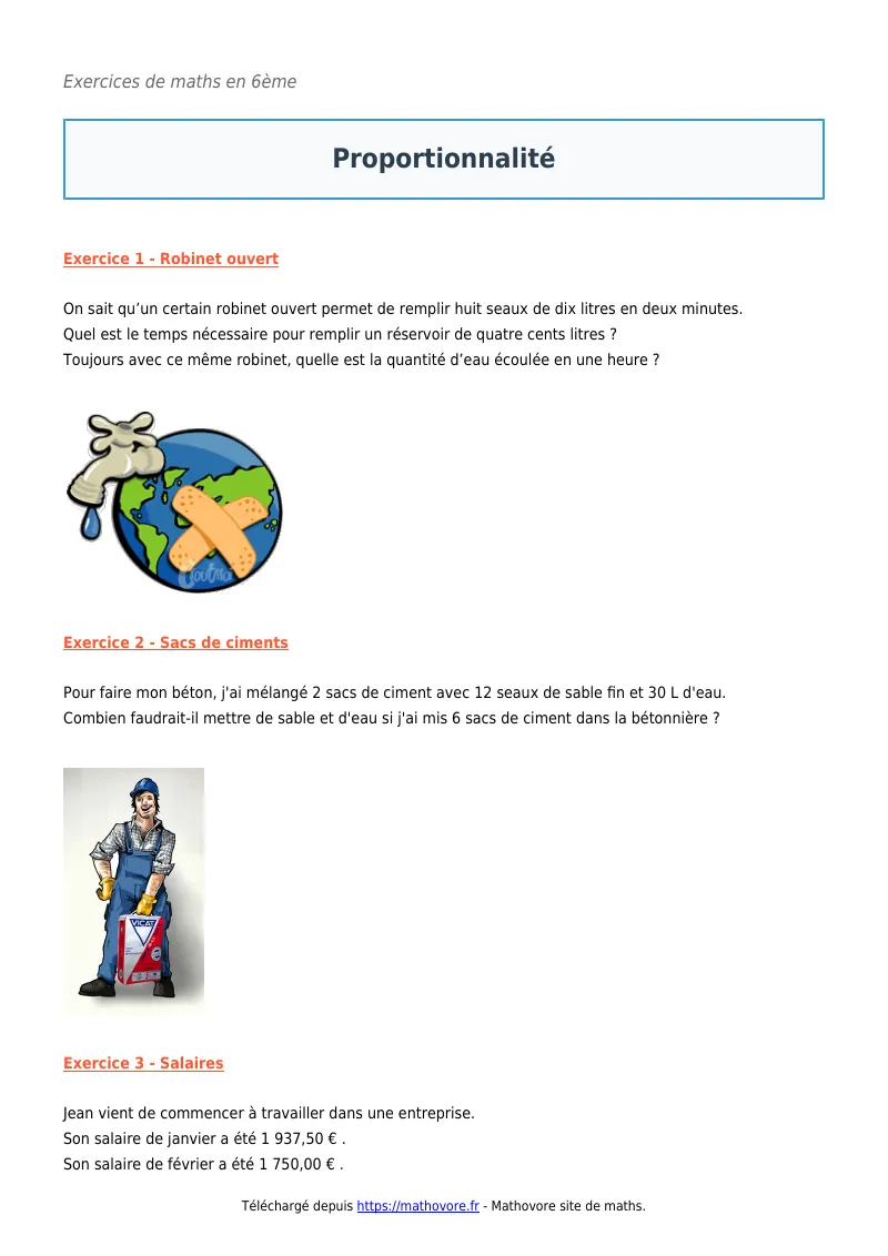 Exercices corrigés de maths en 6ème : Proportionnalité à imprimer en PDF