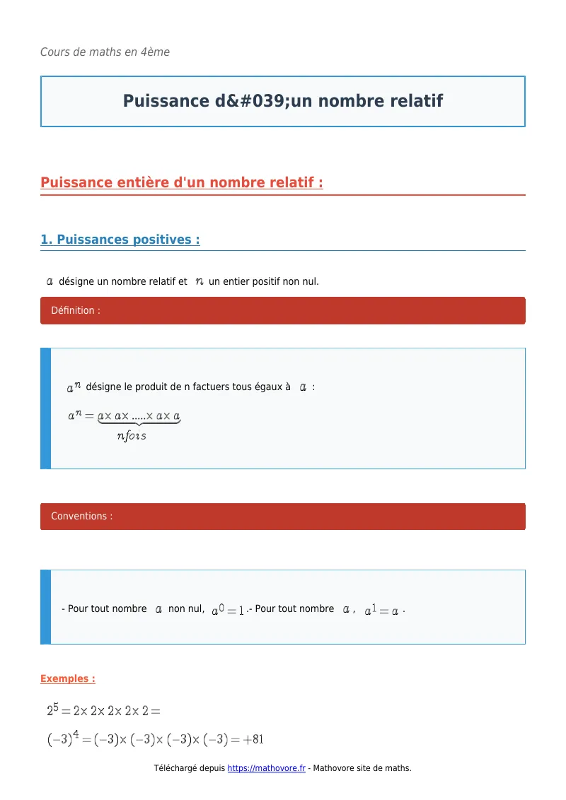 Cours de maths en 4ème : Puissance d’un nombre relatif à télécharger en PDF