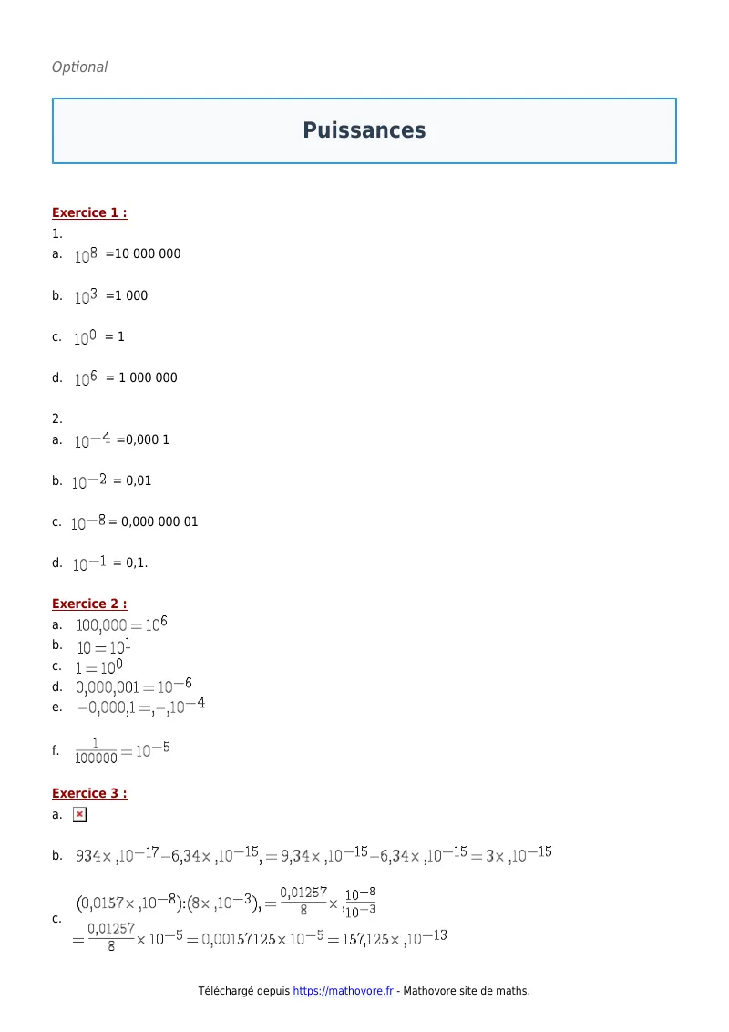 Exercices corrigés de maths en 4ème : Puissances à imprimer en PDF