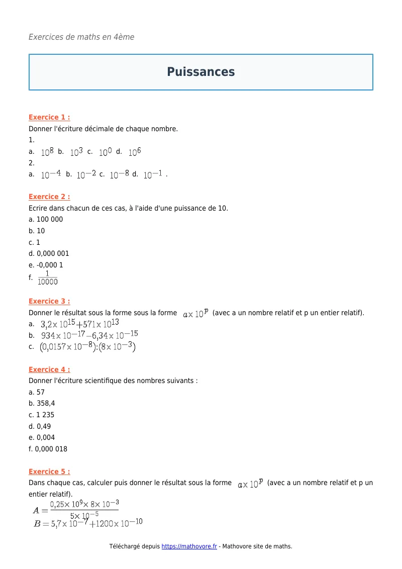 Exercices corrigés de maths en 4ème : Puissances à imprimer en PDF
