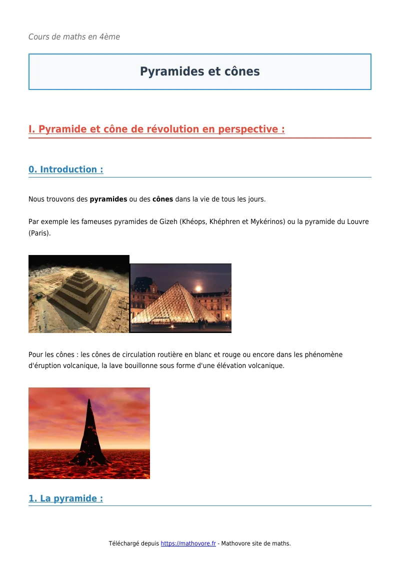 Cours de maths en 4ème : Pyramides et cônes à télécharger en PDF