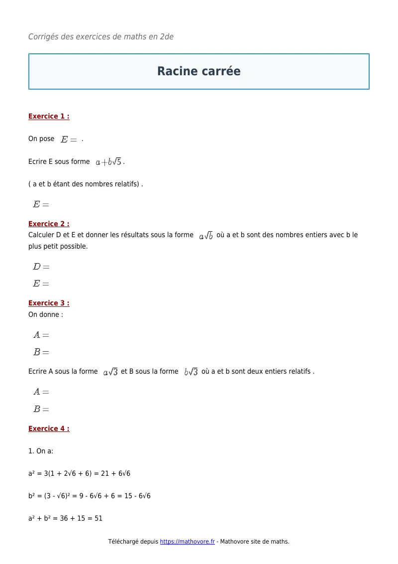 Exercices corrigés de maths en seconde : Racine carrée à imprimer en PDF