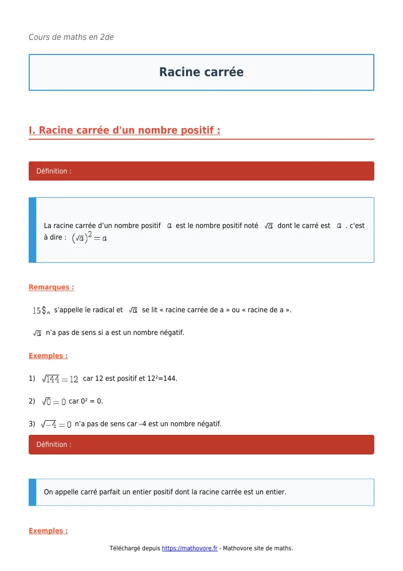 Cours de maths en seconde : Racine carrée à télécharger en PDF