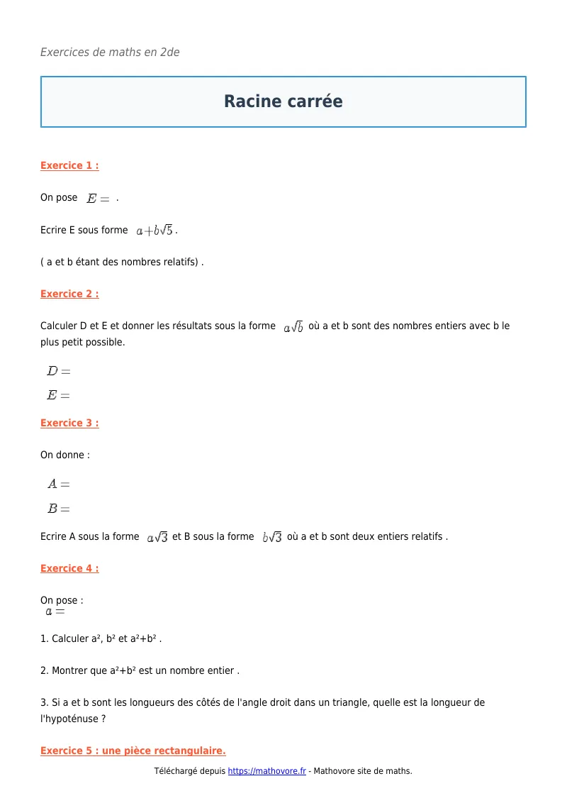 Exercices corrigés de maths en seconde : Racine carrée à imprimer en PDF