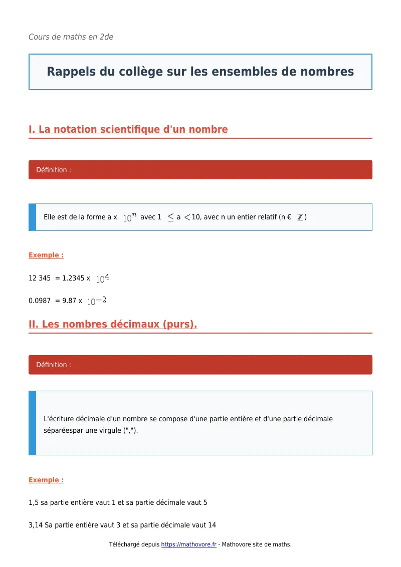 Cours de maths en seconde : Rappels du collège sur les ensembles de nombres à télécharger en PDF