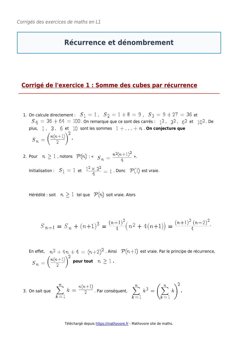 Exercices corrigés de maths en L1 : Récurrence et dénombrement à imprimer en PDF