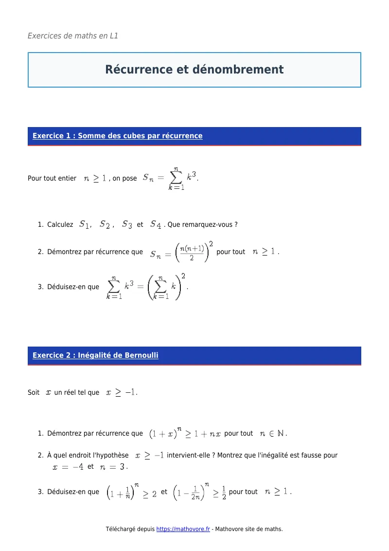 Exercices corrigés de maths en L1 : Récurrence et dénombrement à imprimer en PDF