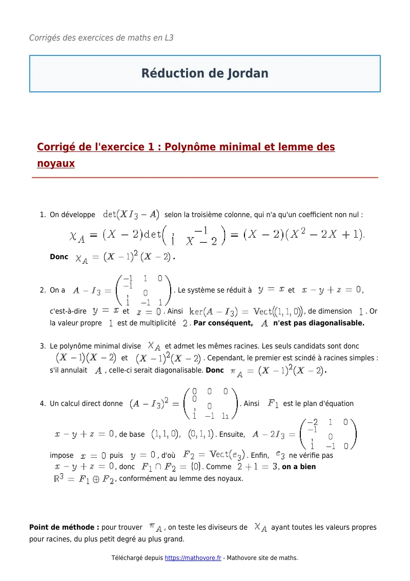 Exercices corrigés de maths en L3 : Réduction de Jordan à imprimer en PDF