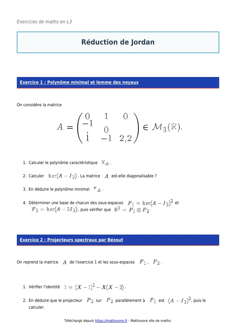 Exercices corrigés de maths en L3 : Réduction de Jordan à imprimer en PDF