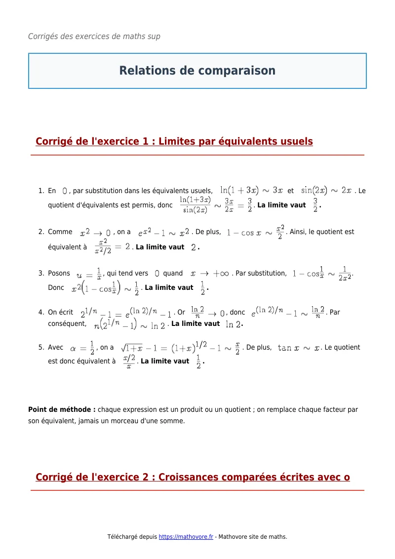 Exercices corrigés de maths en maths sup : Relations de comparaison à imprimer en PDF
