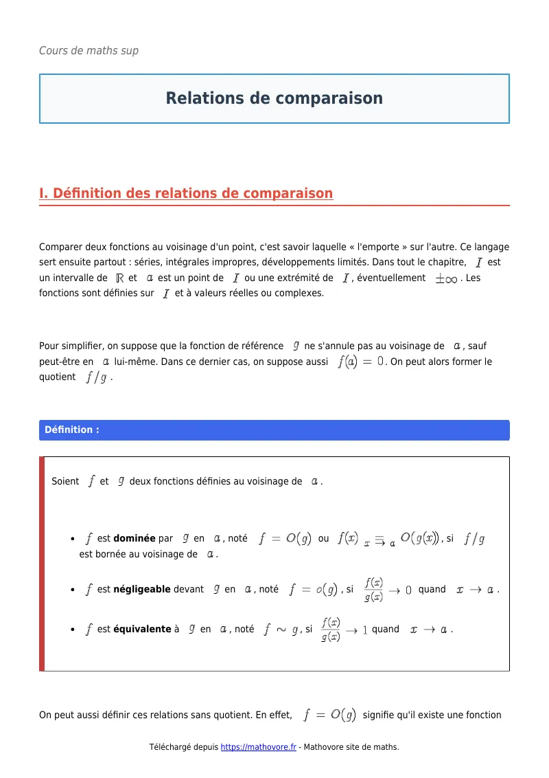 Cours de maths en maths sup : Relations de comparaison à télécharger en PDF