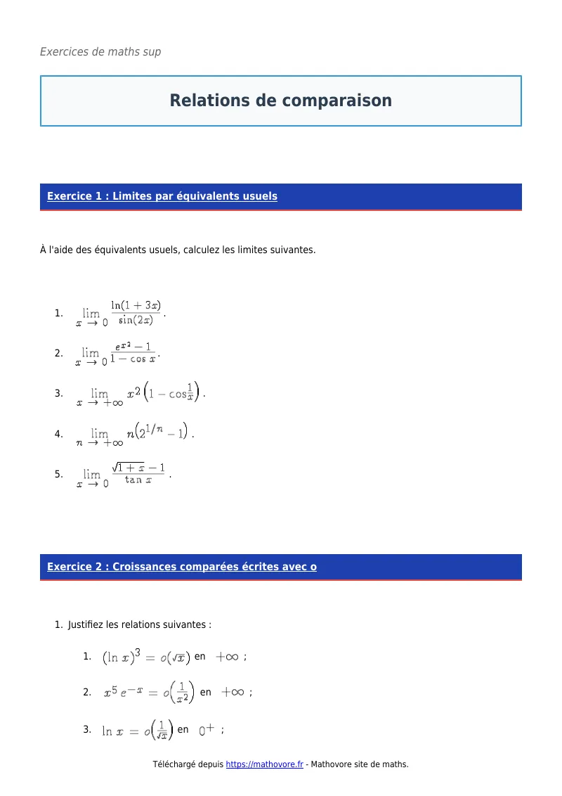 Exercices corrigés de maths en maths sup : Relations de comparaison à imprimer en PDF