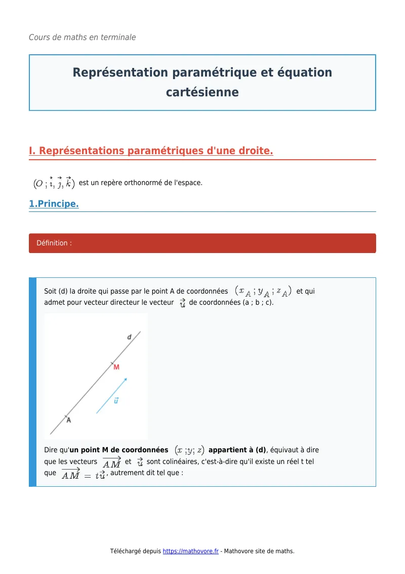 Cours de maths en terminale : Représentation paramétrique et équation cartésienne à télécharger en PDF