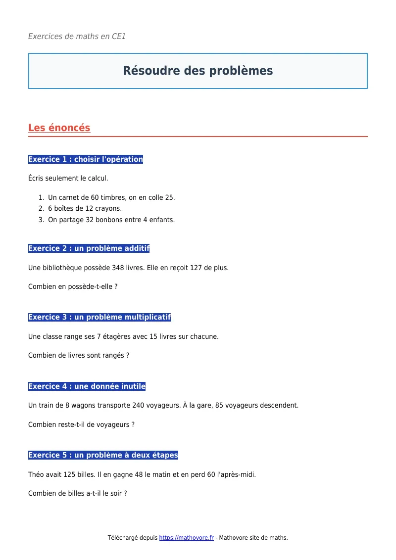 Exercices corrigés de maths en CE1 : Résoudre des problèmes à imprimer en PDF