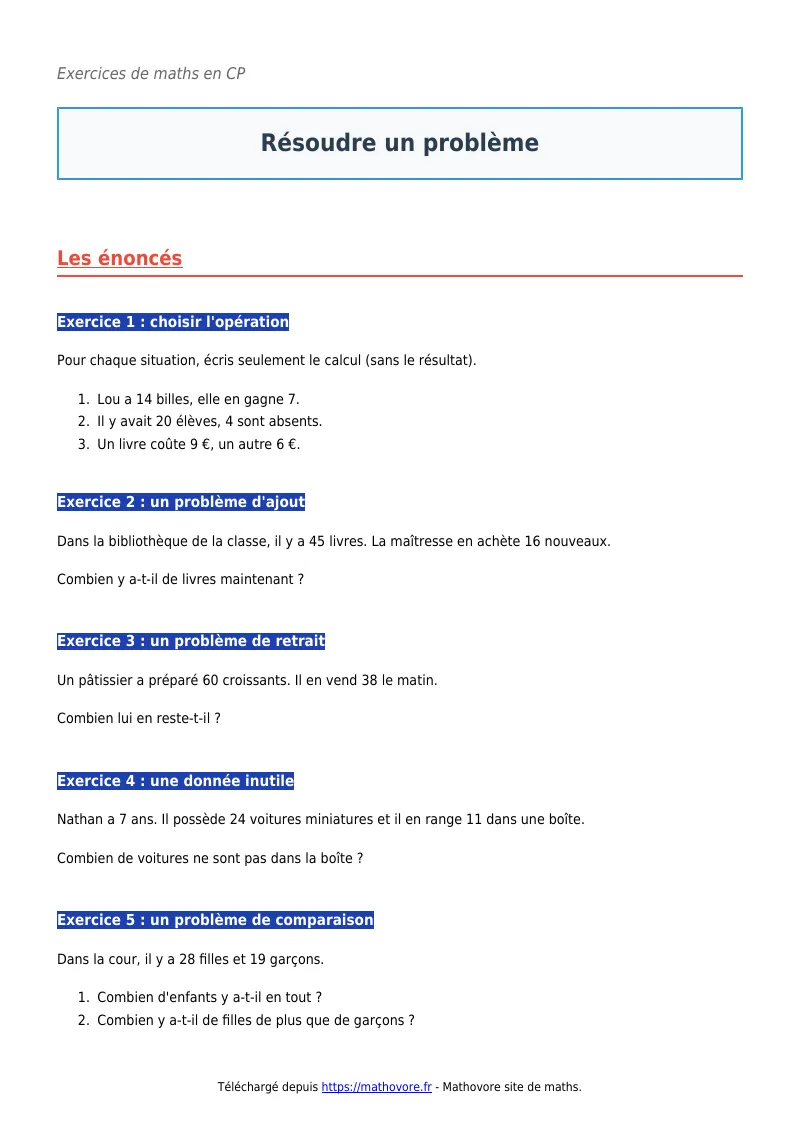 Exercices corrigés de maths en CP : Résoudre un problème à imprimer en PDF