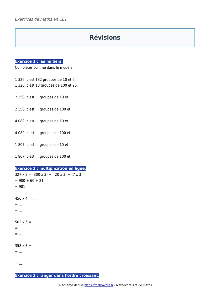 Exercices corrigés de maths en CE1 : Révisions à imprimer en PDF