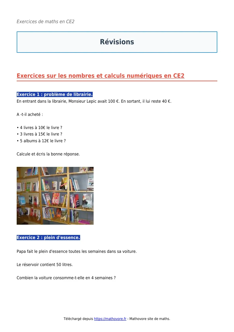 Exercices corrigés de maths en CE2 : Révisions à imprimer en PDF