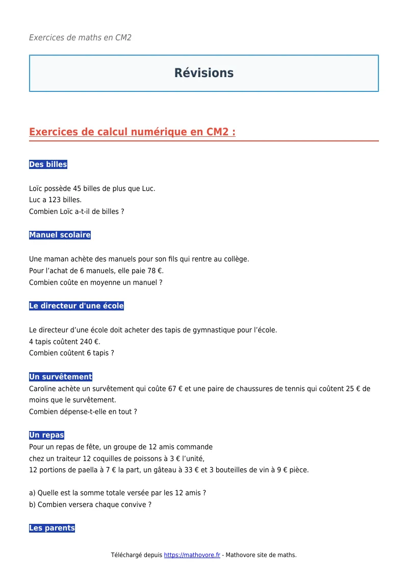 Exercices corrigés de maths en CM2 : Révisions à imprimer en PDF