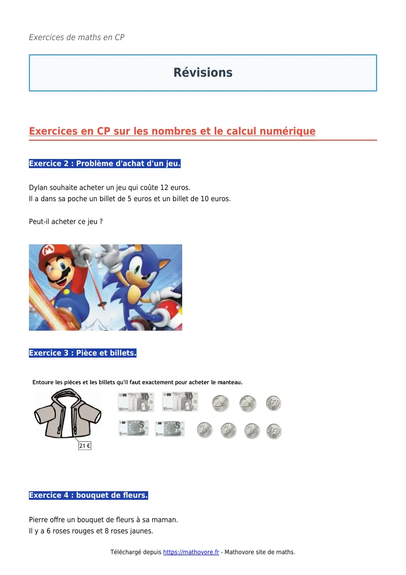 Exercices corrigés de maths en CP : Révisions à imprimer en PDF