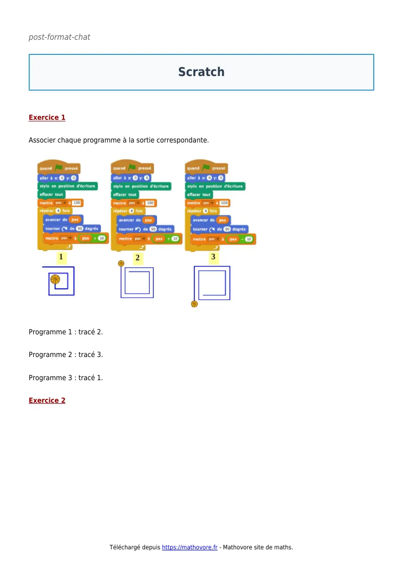 Exercices corrigés de maths en 3ème : Scratch à imprimer en PDF