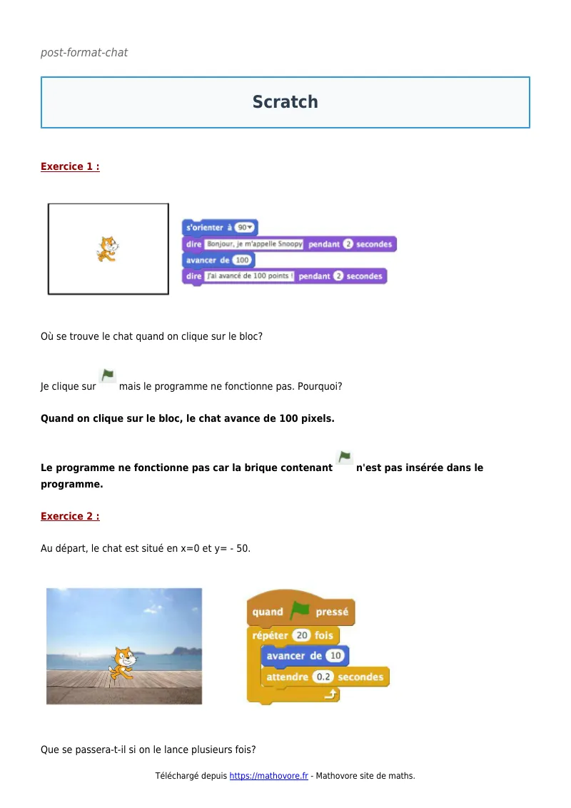 Exercices corrigés de maths en 5ème : Scratch à imprimer en PDF