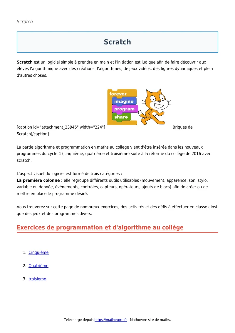 Scratch : fiche de maths à télécharger en PDF