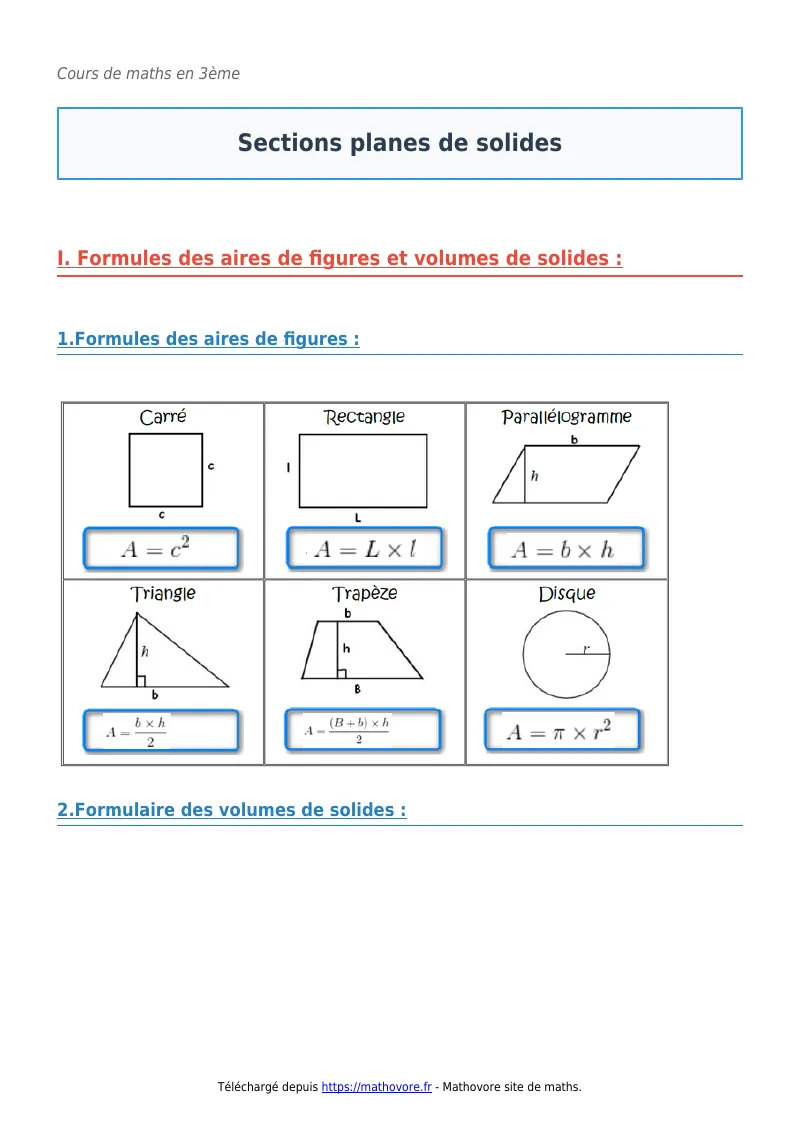 Cours de maths en 3ème : Sections planes de solides à télécharger en PDF
