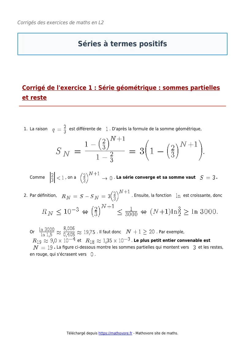 Exercices corrigés de maths en L2 : Séries à termes positifs à imprimer en PDF