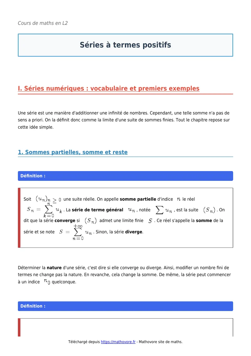 Cours de maths en L2 : Séries à termes positifs à télécharger en PDF