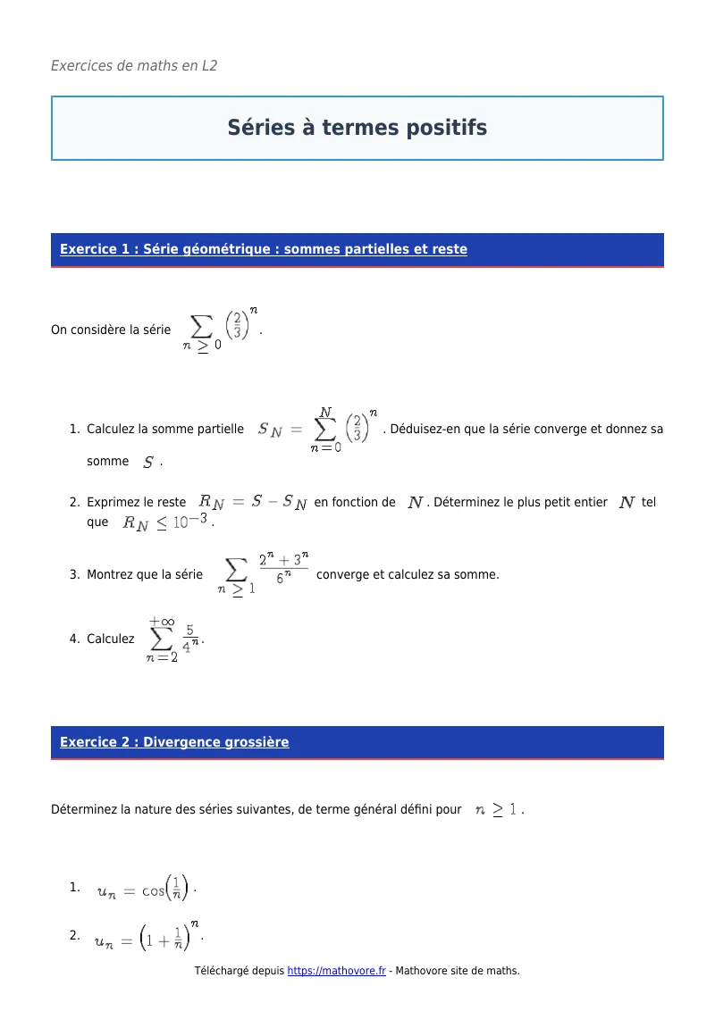 Exercices corrigés de maths en L2 : Séries à termes positifs à imprimer en PDF