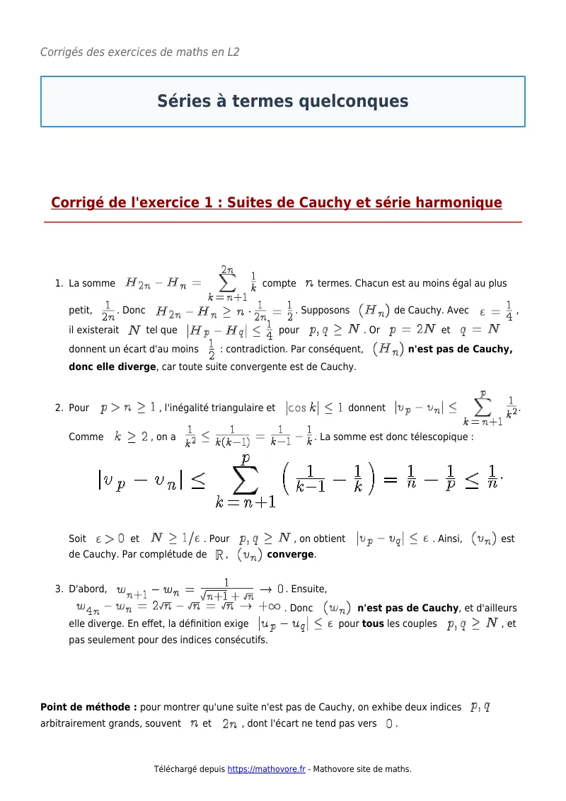 Exercices corrigés de maths en L2 : Séries à termes quelconques à imprimer en PDF