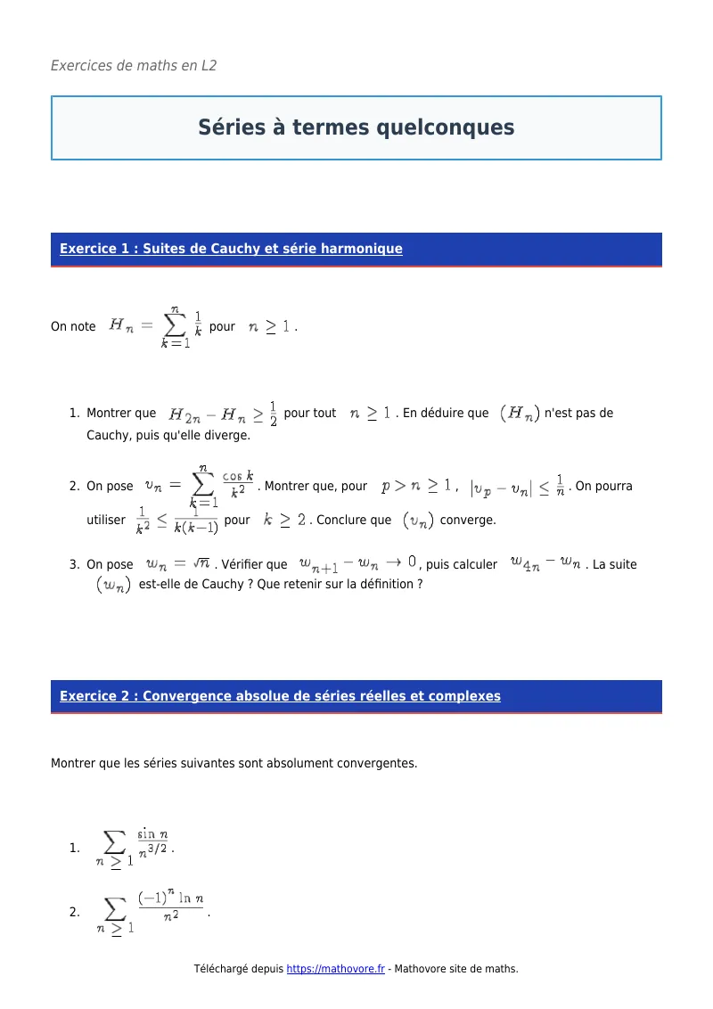 Exercices corrigés de maths en L2 : Séries à termes quelconques à imprimer en PDF