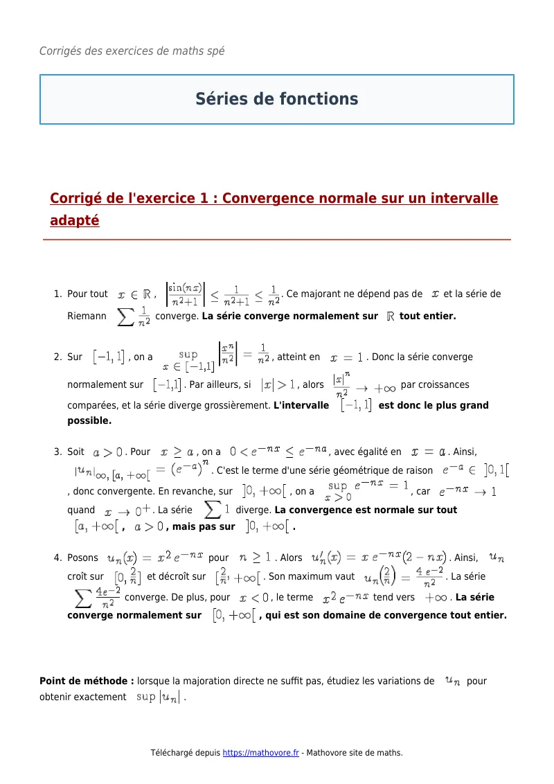 Exercices corrigés de maths en maths spé : Séries de fonctions à imprimer en PDF
