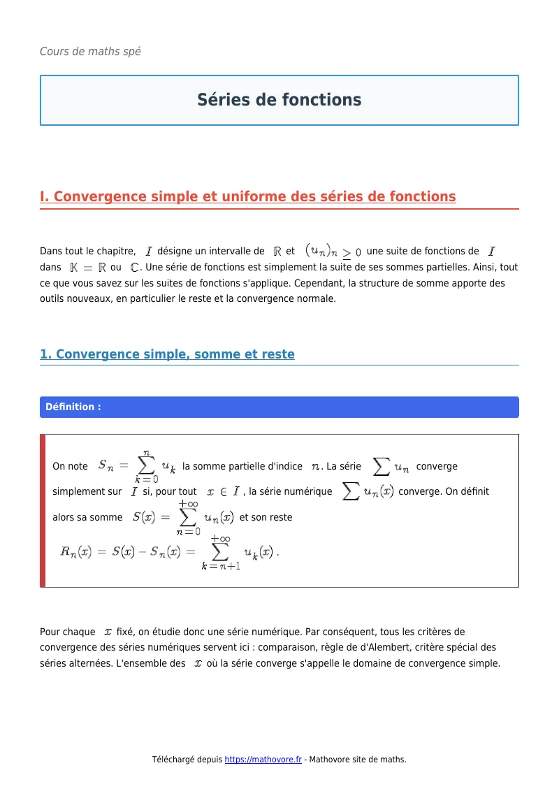 Cours de maths en maths spé : Séries de fonctions à télécharger en PDF