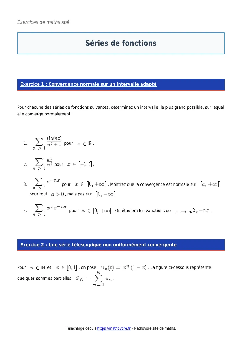 Exercices corrigés de maths en maths spé : Séries de fonctions à imprimer en PDF