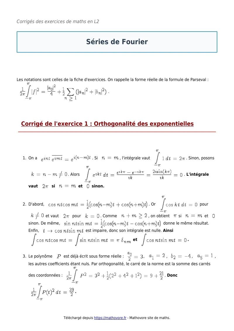 Exercices corrigés de maths en L2 : Séries de Fourier à imprimer en PDF