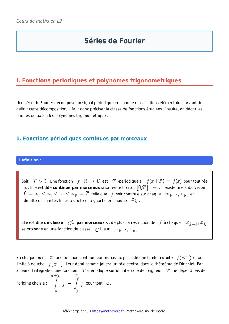 Cours de maths en L2 : Séries de Fourier à télécharger en PDF
