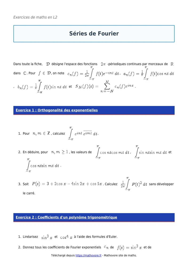 Exercices corrigés de maths en L2 : Séries de Fourier à imprimer en PDF