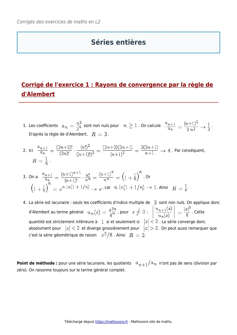 Exercices corrigés de maths en L2 : Séries entières à imprimer en PDF