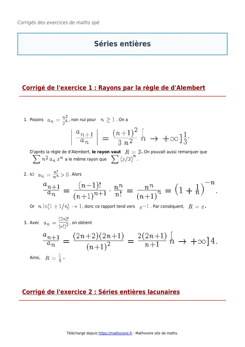 Exercices corrigés de maths en maths spé : Séries entières à imprimer en PDF
