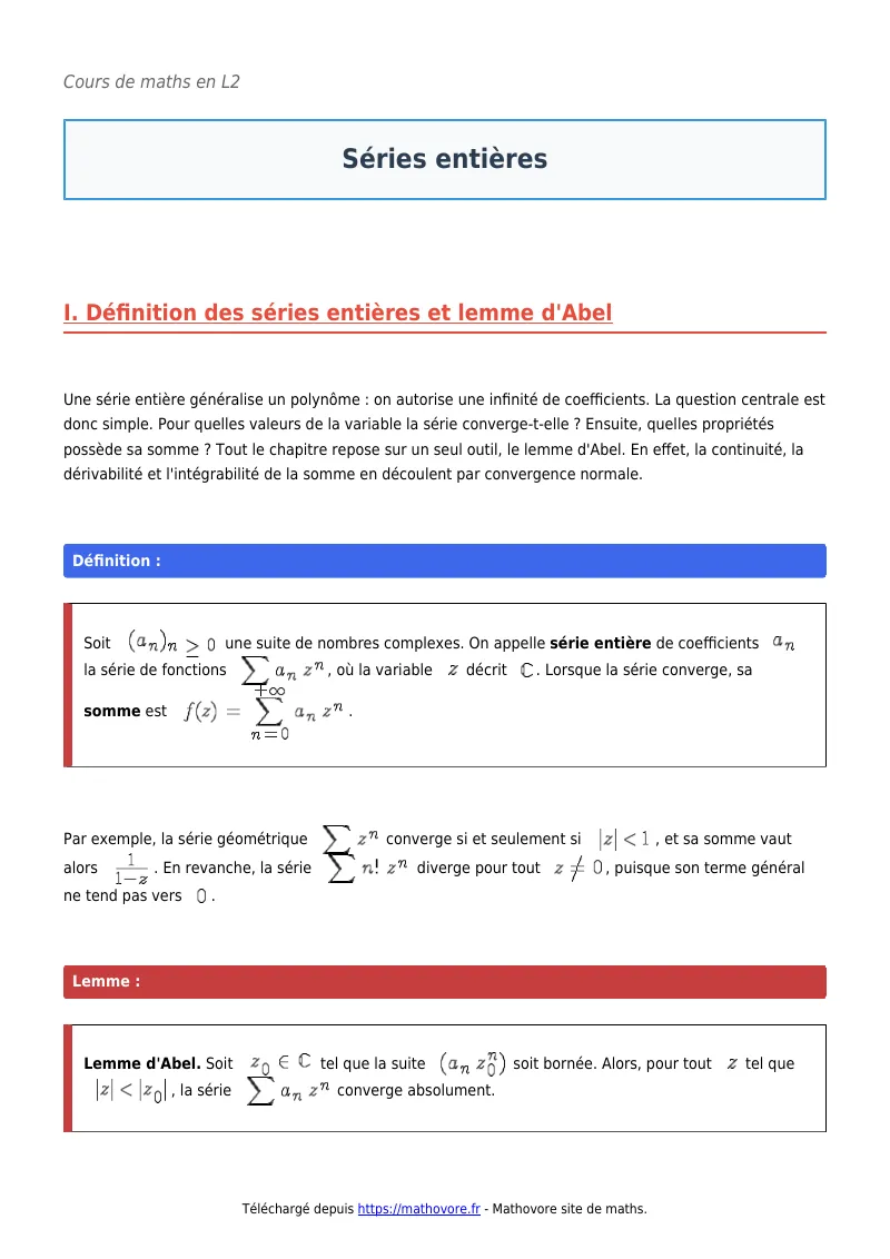 Cours de maths en L2 : Séries entières à télécharger en PDF